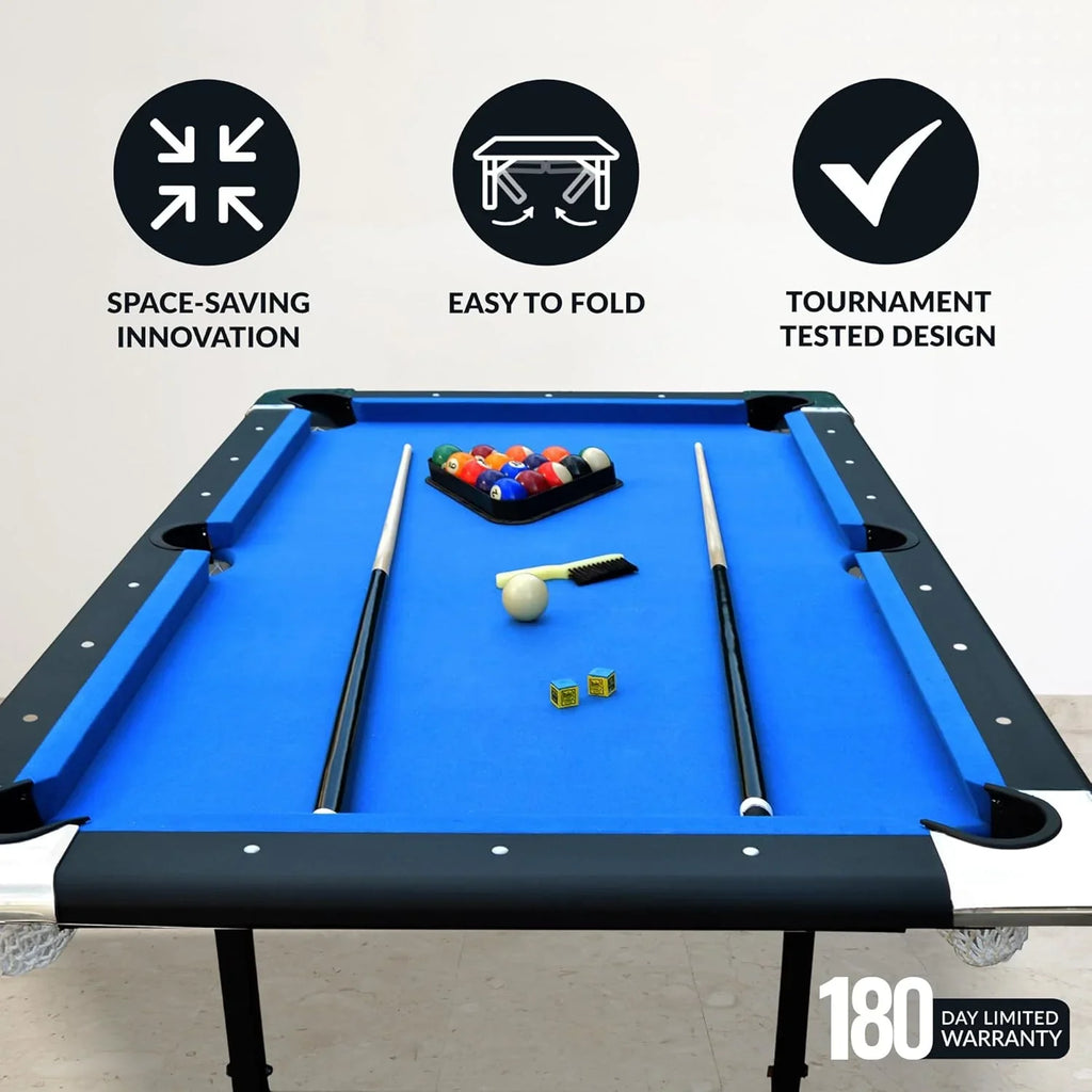 Hathaway Fairmont 6 Ft Portable Pool Table, Adults Folding Billiards Tables for Game Room with Easy Foldable Storage, Includes Full Set of Billiard Balls, Cues, Chalk & Brush