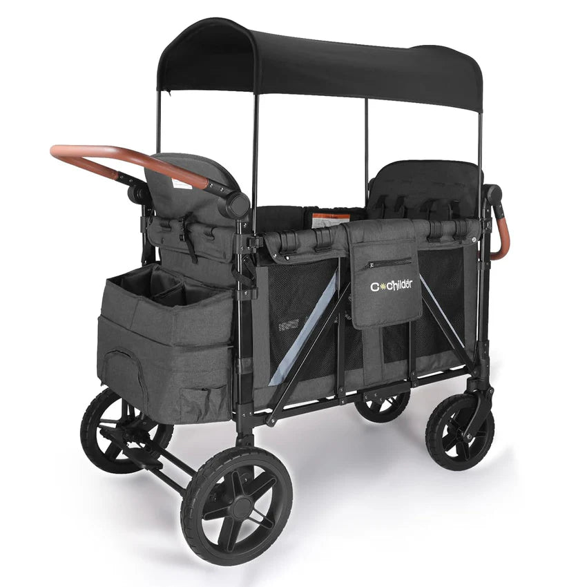 All-Terrain 4 Seater Wagon Stroller for Kids - Heavy-Duty 300lb Capacity, One-Hand Fold Design, High Seats with 5-Point Harness, Adjustable Canopy and Handlebars, Light Grey