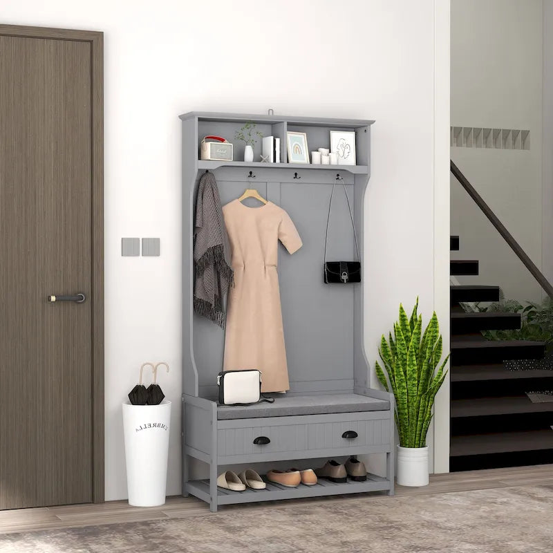 HOMCOM Gray Hall Tree Organizer with Coat Rack, 4 Hooks, 2 Drawers, and Padded Seat Cushions for Entryway