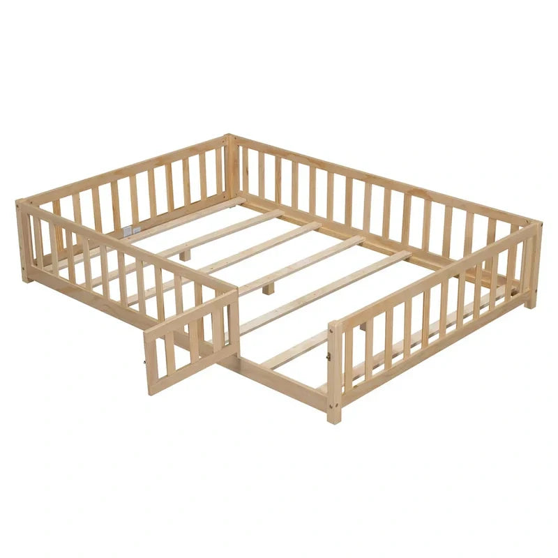Kids' Full-Size Wooden Floor Bed with Fence and Door