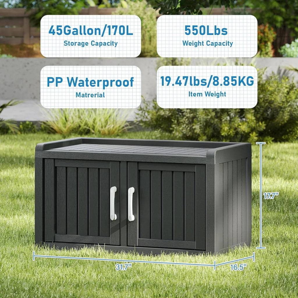KAMABOKO Outdoor Shoe Storage Cabinet, Waterproof UV-Resistant Entryway Storage Bench Indoor Outdoor with 2 Barn Doors, Adjustable Shelves for Entryway, Bedroom, Hallway,Living Room(Black)