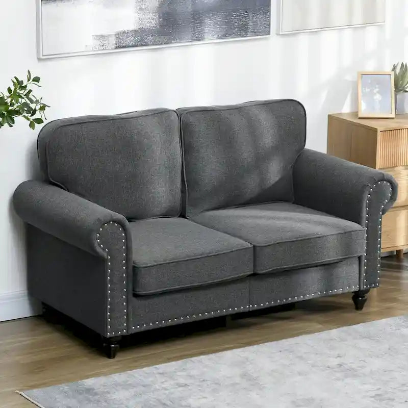 HOMCOM 61-Inch Mid-Century Modern Loveseat Sofa - Stylish 2-Seater Couch with Nailhead Trim and Rolled Arms, Upholstered in Fabric