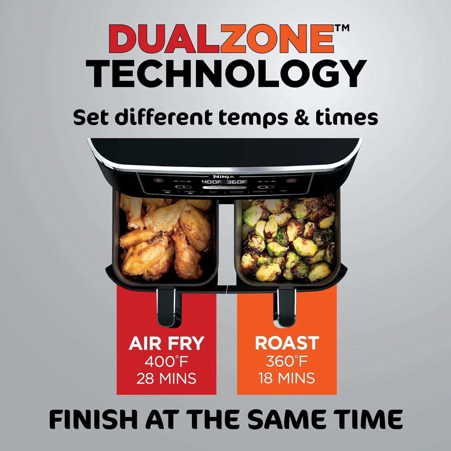 Ninja Foodi 10QT 6-in-1 DualZone Smart XL Air Fryer, 2 Independent 5QT Baskets, Smart Cook Thermometer, Match Cook, Smart Finish, Air Fry, Roast, Bake, Dehydrate, Reheat, Grey, DZ550
