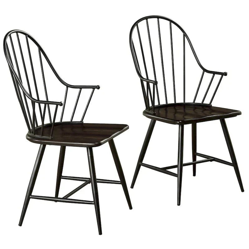 Set of 2 Farmhouse Spindle Arm Chairs Metal Frame with Wood Seat