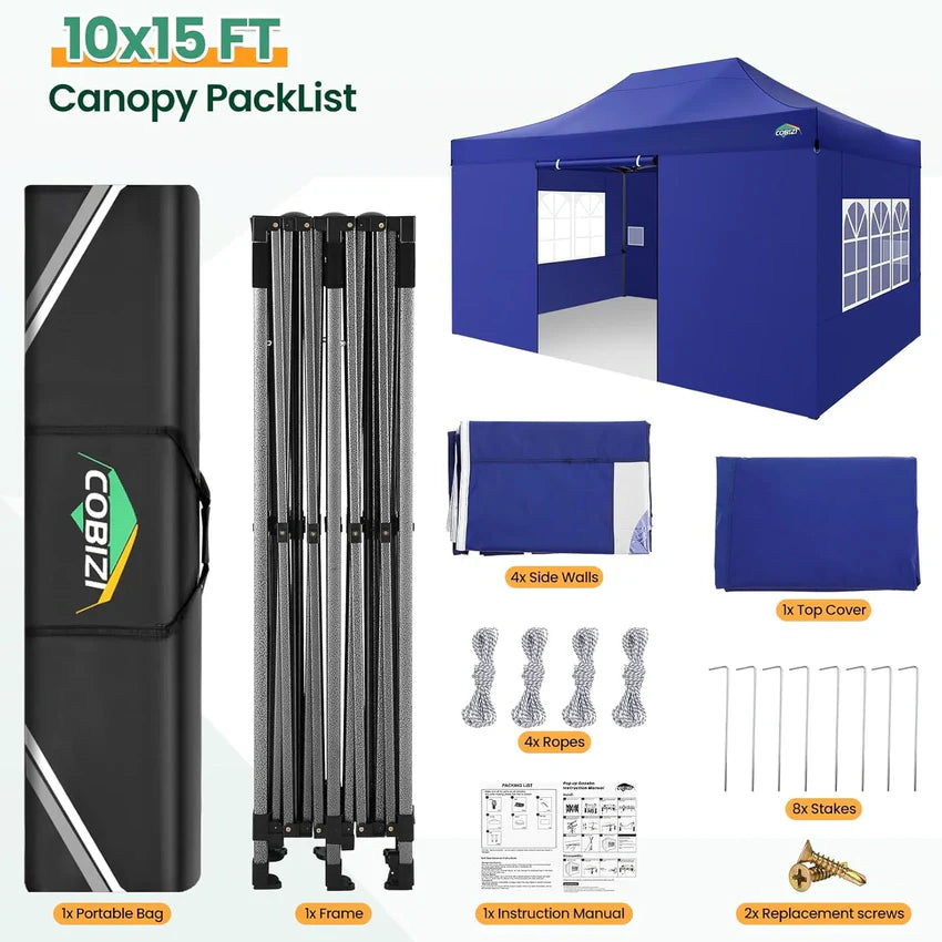 COBIZI 10x20 Heavy Duty Pop up Canopy Tent with 6 sidewalls Easy Up Commercial Outdoor Canopy Wedding Party Tents for Parties All Season Wind & Waterproof Gazebo with Roller Bag,Black(Frame Thickened)
