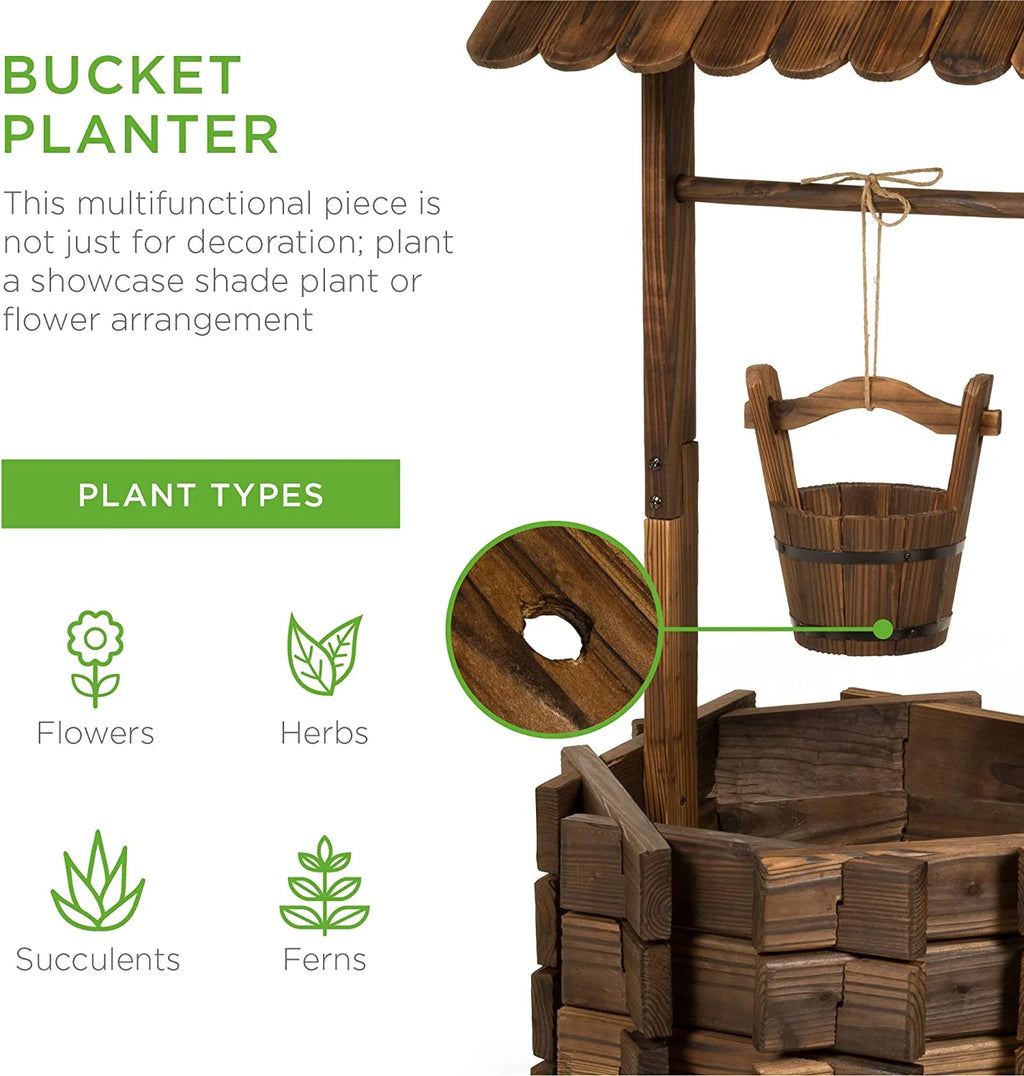 Best Choice Products Rustic Wooden Wishing Well Planter Outdoor Home D茅cor for Patio, Garden, Yard w/Hanging Bucket