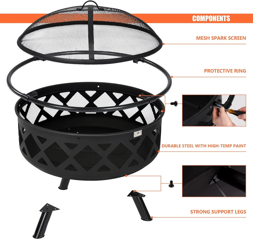 SUNCREAT 42�� Patio Fire Pit Wood Burning with Mesh Spark Screen, Bonfire Outdoor firepit with Fireplace Poker, Black