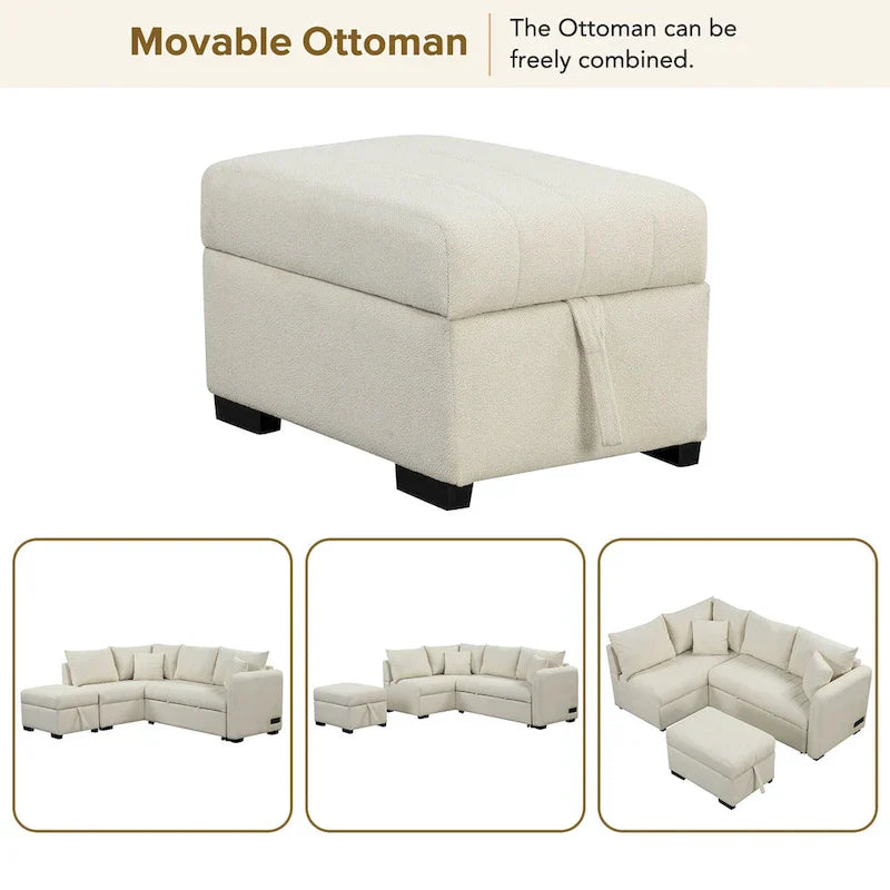 Sectional Sofa Bed with Storage Ottoman USB Ports and Pull Out Design