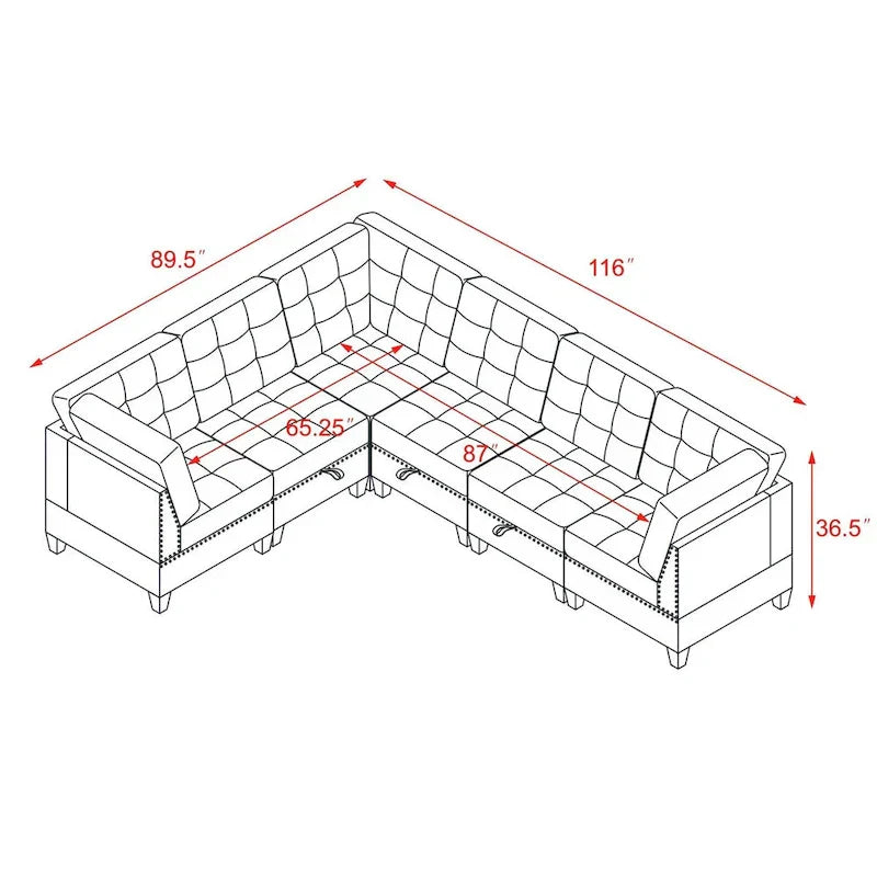 Grey Chenille L-Shaped Modular Sectional Sofa Set with Three Individual Chairs and Three Corner Pieces - Dimensions: 116W x 89.5D x 36.5H