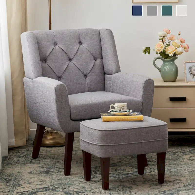 HUIMO Fabric Accent Chair and Ottoman Set - Available in Grey, Beige, Blue, and Dark Teal