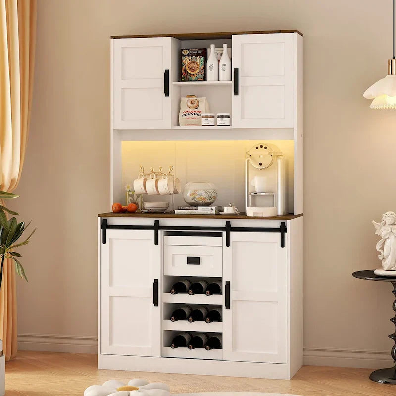 Rustic White Farmhouse Bar Cabinet with Sliding Barn Door - Spacious Kitchen Buffet and Coffee Bar Sideboard Table
