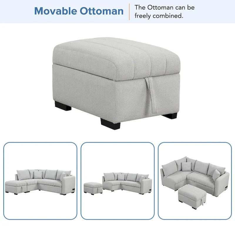 Sectional Sofa Bed with Storage Ottoman USB Ports and Pull Out Design