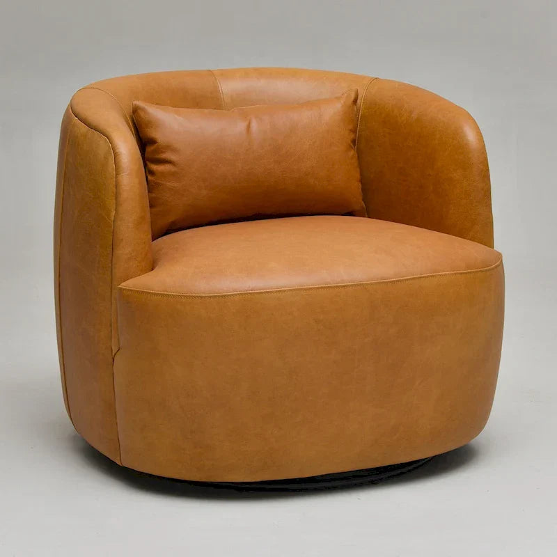 KINWELL Contemporary Genuine Leather Swivel Armchair with Cushion