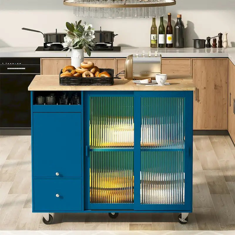 Kitchen Island with Drop Leaf Sliding Glass Doors and Storage on Wheels