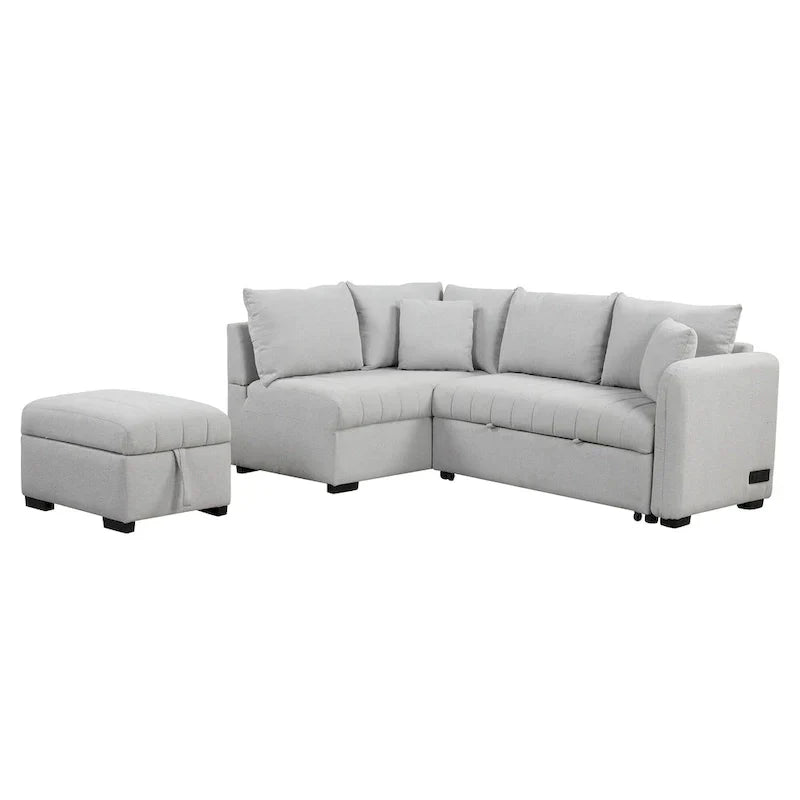 Sectional Sofa Bed with Storage Ottoman USB Ports and Pull Out Design