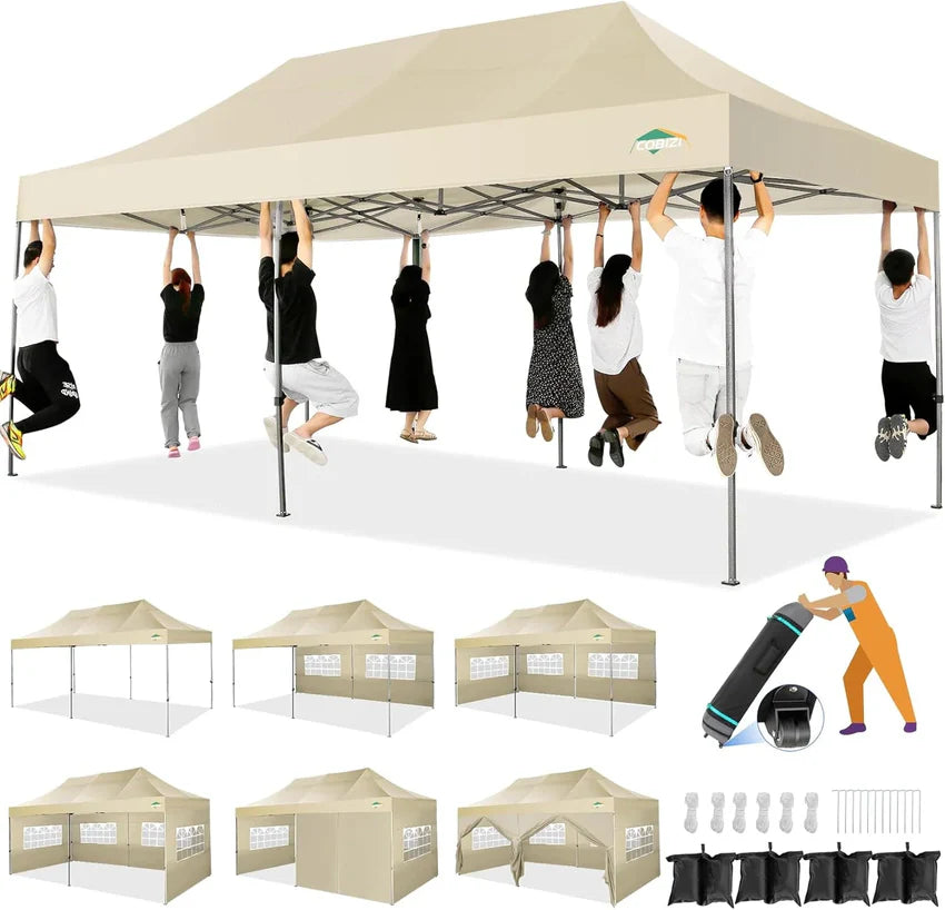 COBIZI 10x20 Heavy Duty Pop up Canopy Tent with 6 sidewalls Easy Up Commercial Outdoor Canopy Wedding Party Tents for Parties All Season Wind & Waterproof Gazebo with Roller Bag,Black(Frame Thickened)