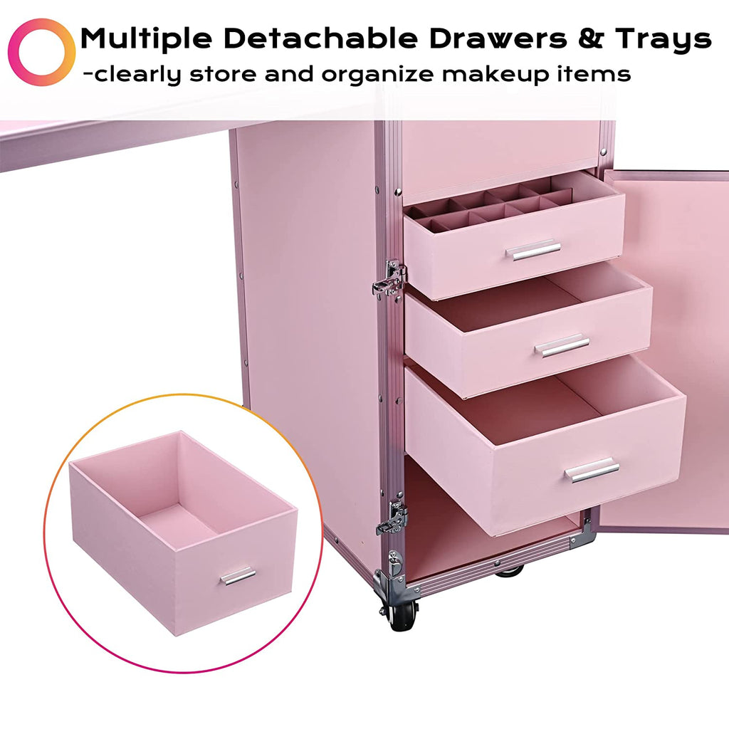 Byootique Portable Nail Desk & Makeup Station with Mirror, 4 Drawers, Bluetooth, USB, Pink