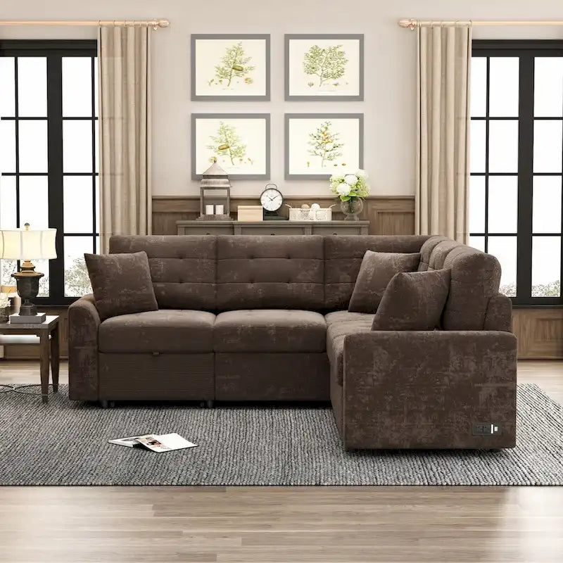 L-Shaped Pull-Out Sleeper Sofa with Wheels, USB Charging Ports, and Power Outlets