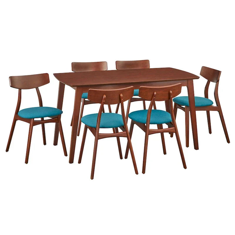 Mid Century Dining Table Set with 6 Upholstered Chairs and Wooden Frame