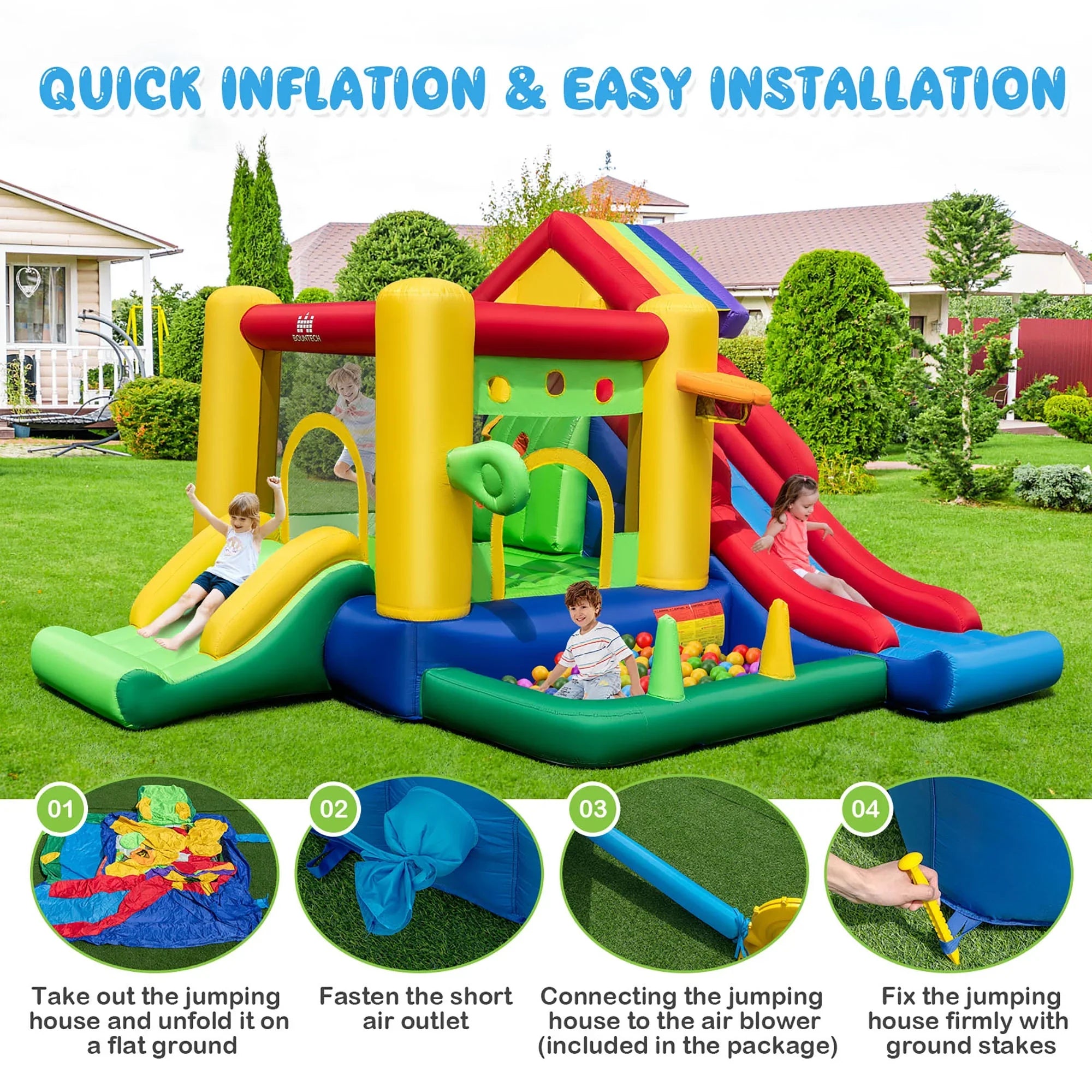 Costway Colorful Rainbow Kids Inflatable Bounce Castle with 50 Ocean Balls & 735W Blower