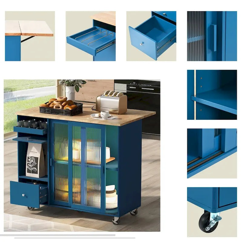 Kitchen Island with Drop Leaf Sliding Glass Doors and Storage on Wheels