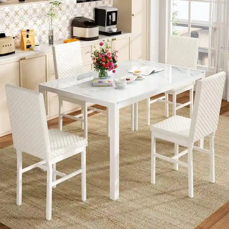 Grondin Contemporary 5-Piece Dining Set with Tempered Glass Table and 4 Diamond-Stitched PU Leather Chairs