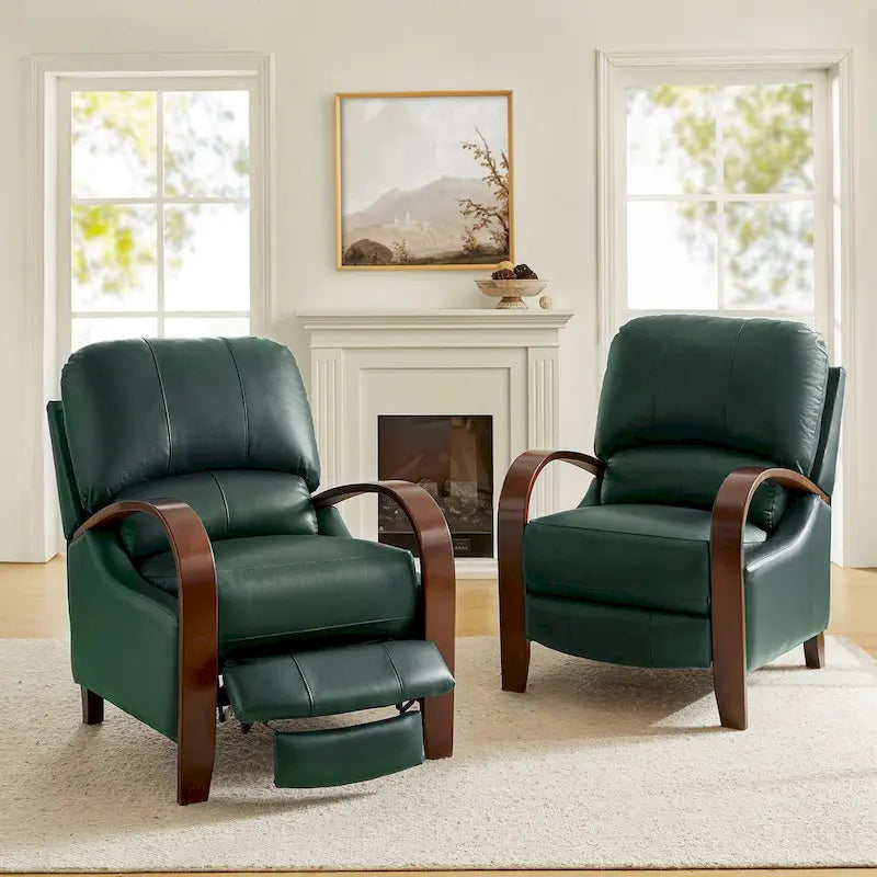 Set of 2 Alex Mid-Century Modern Genuine Leather Manual Recliners with Curved Wooden Arms