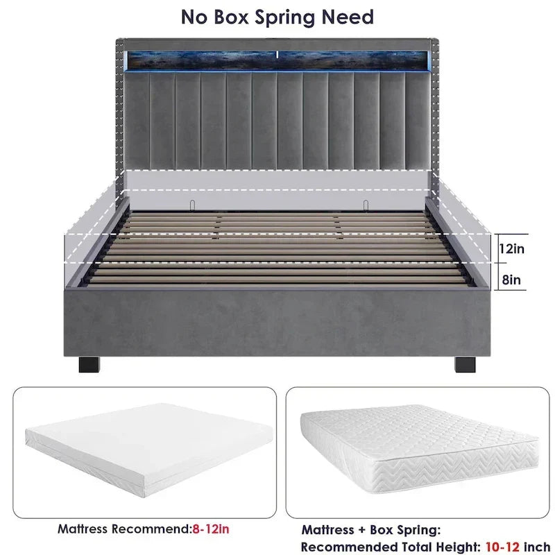 King Size Velvet Gas Lift Storage Bed with LED RF Lights and Storage Headboard