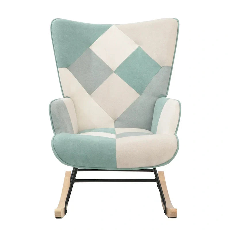 Mid-Century Patchwork Linen Rocking Chair with Wooden Legs