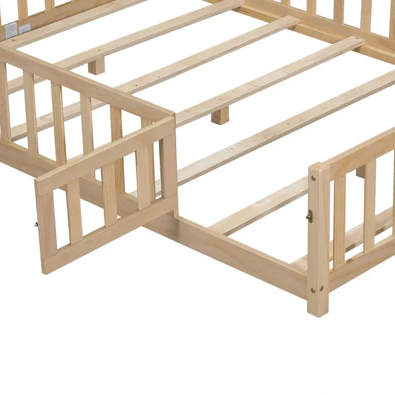 Kids' Full-Size Wooden Floor Bed with Fence and Door
