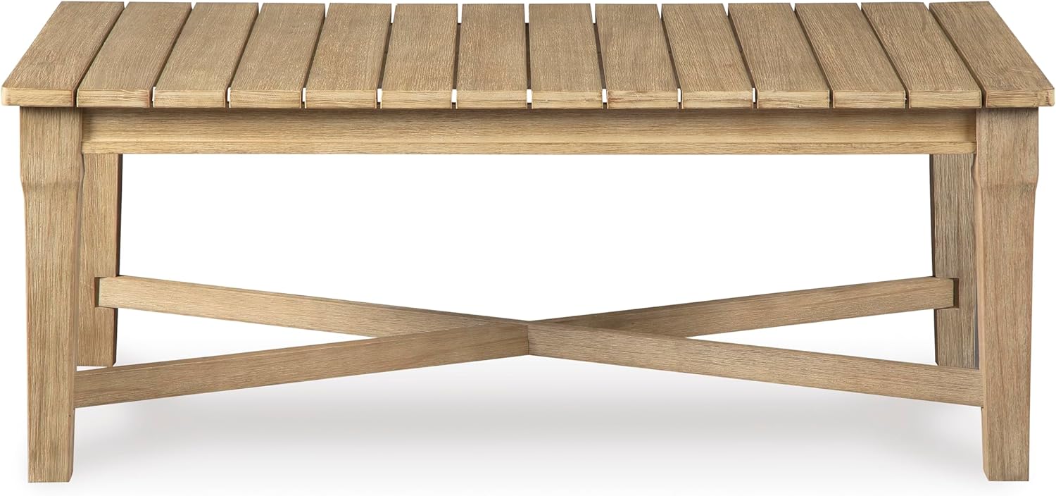 Signature Design by Ashley Clare View Coastal Outdoor Patio Eucalyptus Sofa with Cushions, Beige