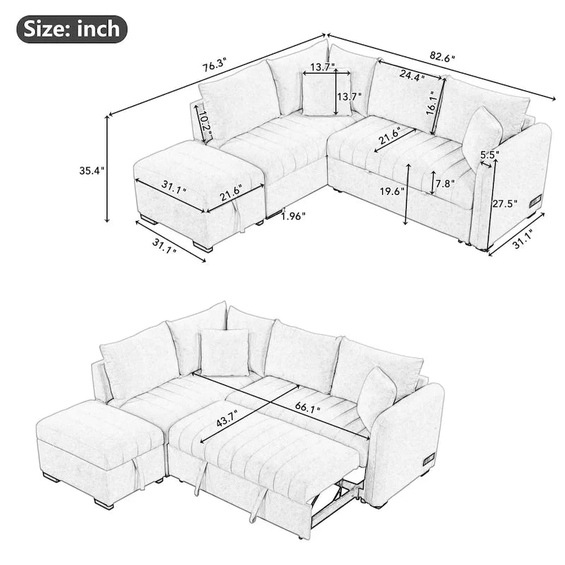 Sectional Sofa Bed with Storage Ottoman USB Ports and Pull Out Design