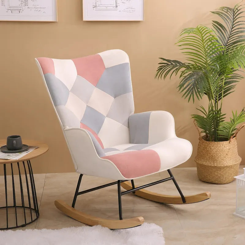 Mid-Century Patchwork Linen Rocking Chair with Wooden Legs
