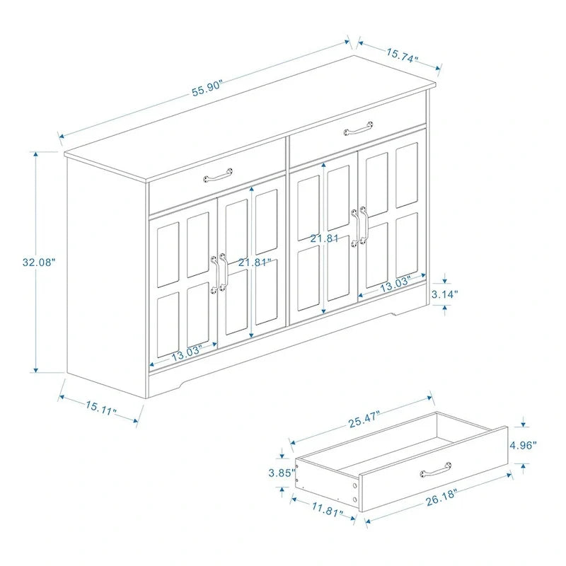 Rustic Farmhouse Sideboard Buffet Cabinet with 2 Drawers and 4 Doors for Storage