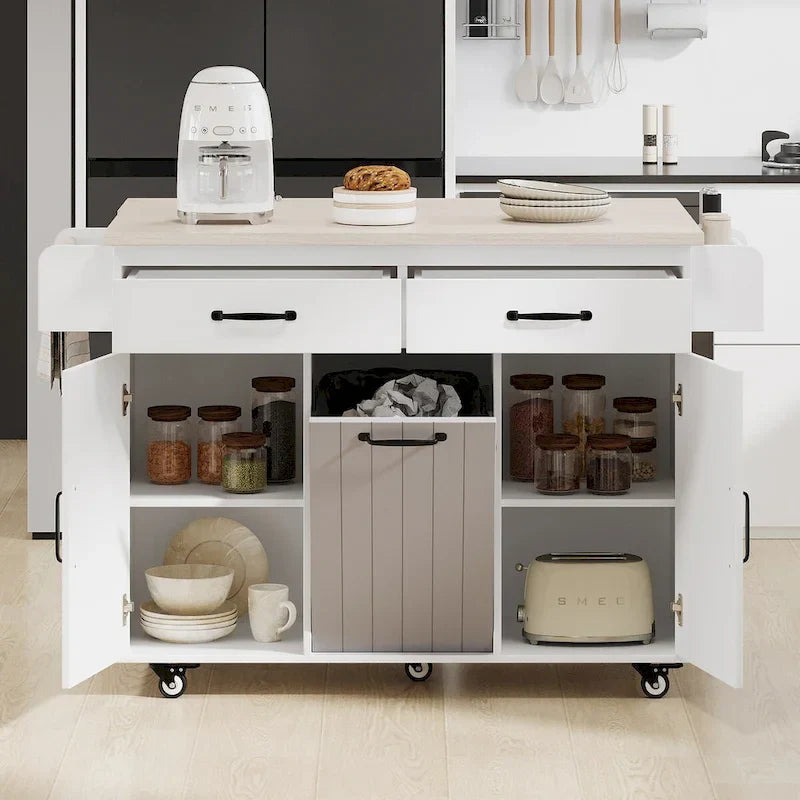 Kitchen Island with Built-In Trash Can Storage and Drop Leaf Cart
