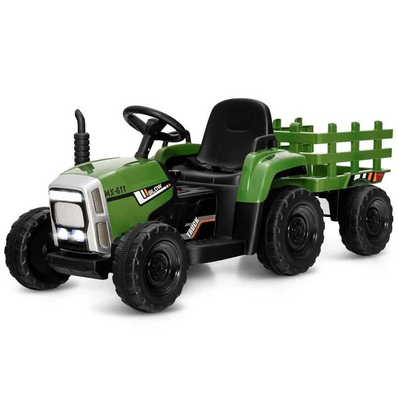 Kids Ride on Tractor w/Trailer 12V Battery Powered Electric Riding Toy Car Vehicle with 3-Gear-Shift Ground Loader