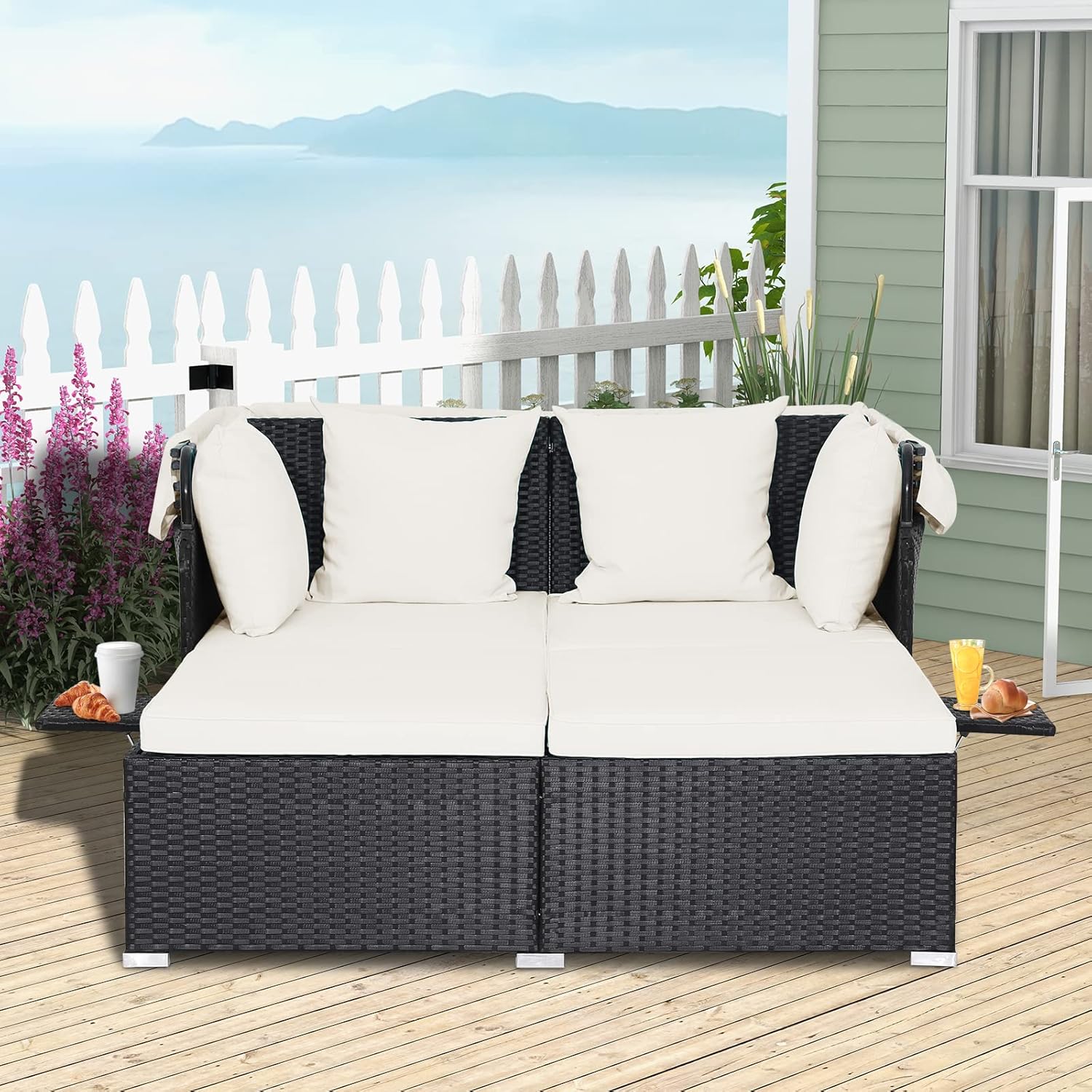 RELAX4LIFE Patio Outdoor Daybed with Canopy, Wicker Sunbed w/Cushions, 4 Pillows & 2 Retractable Side Trays, 2-Person Lounge Bed Conversation for Poolside Porch Garden, Rattan Outdoor Bed (Turquoise)