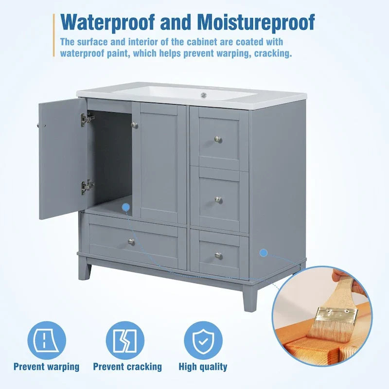 36 Inch Bathroom Vanity with USB Charging, Resin Sink, Solid Wood Frame, 3 Drawers Storage