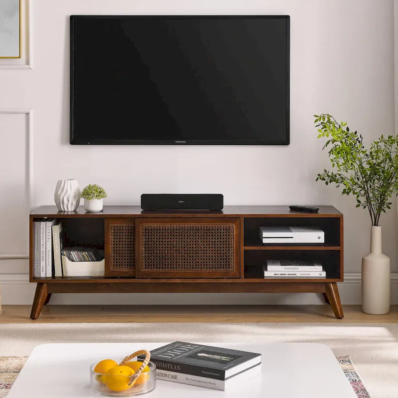 Mid Century TV Stand with Rattan Sliding Doors and Open Shelves