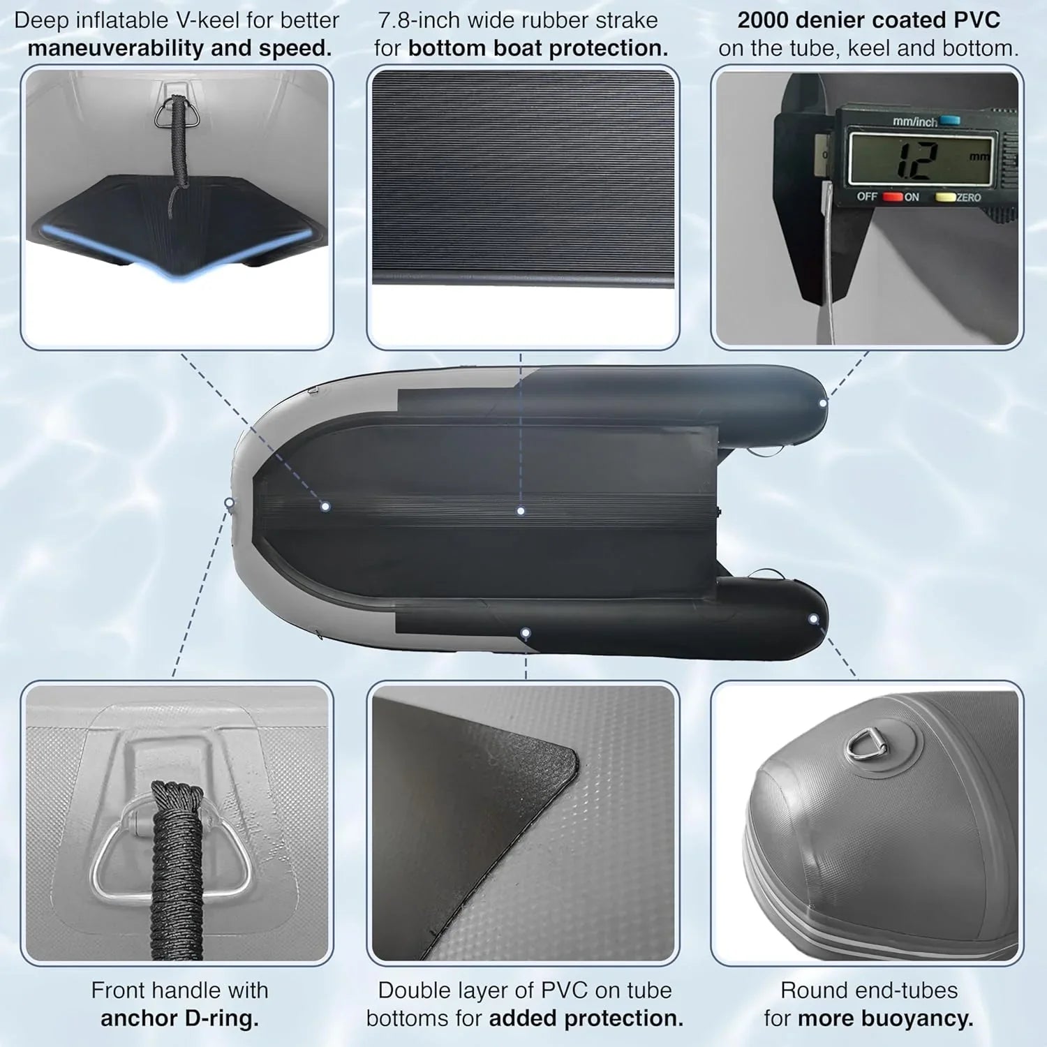 Inflatable Boat | Yacht Dinghy Tender Raft | Multi Person Fishing Boat | Aluminum Floor Oars | Fishing Rod Holders | Heavy-Duty PVC | 2024 Model |