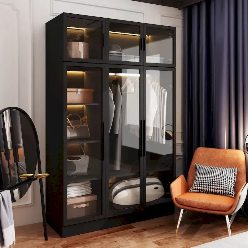 47.2 Wide Armoire LED Light All Glass Door Closet Cabinet Wardrobe