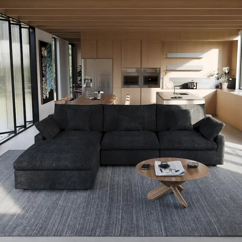 Sectional Couch with L-Shaped Design and Linen Upholstery, Featuring Multiple Cushions