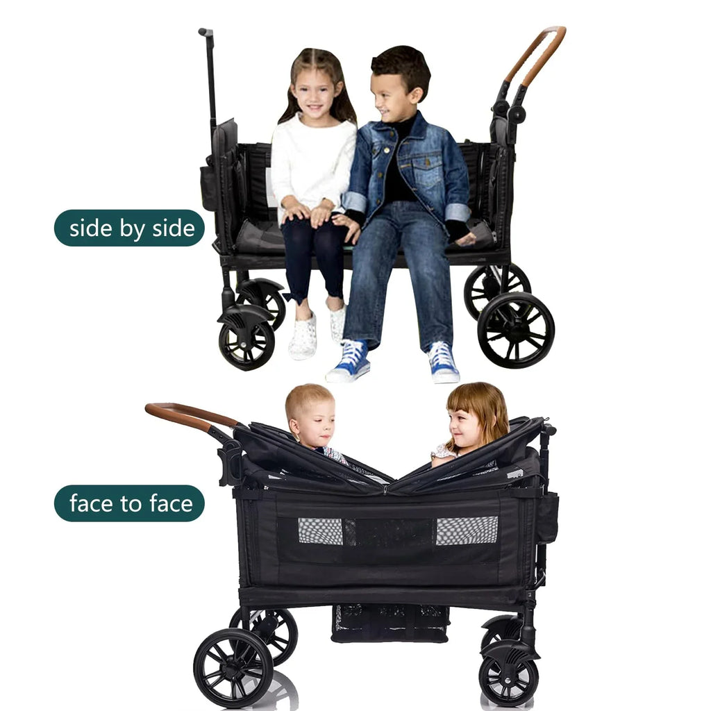 Wagon Stroller for 2 Kids & Cargo-Travel Stroller Push-Pull Double Wagon Lightweight Folding Stroller for Newborn&Toddler with 5-Point Harness,Adjustable Handle Bar and Canopy,Tray Table,Cup Holder