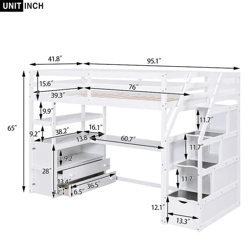 Merax Loft Bed with Integrated Desk and Storage Shelves