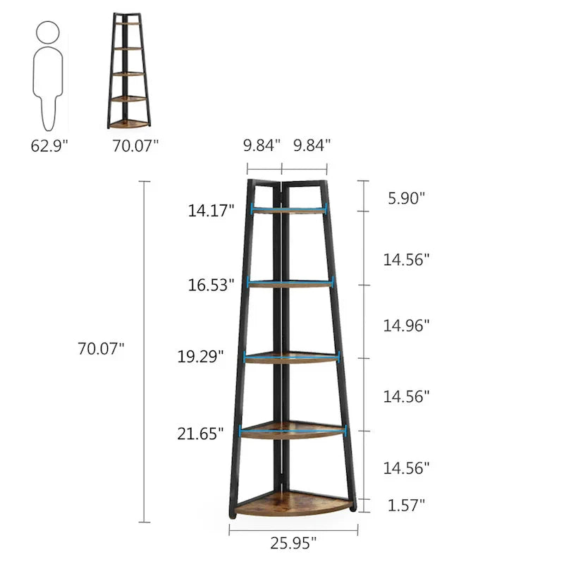 Rustic Brown 5-Tier Corner Shelf Storage Tower for Bathroom