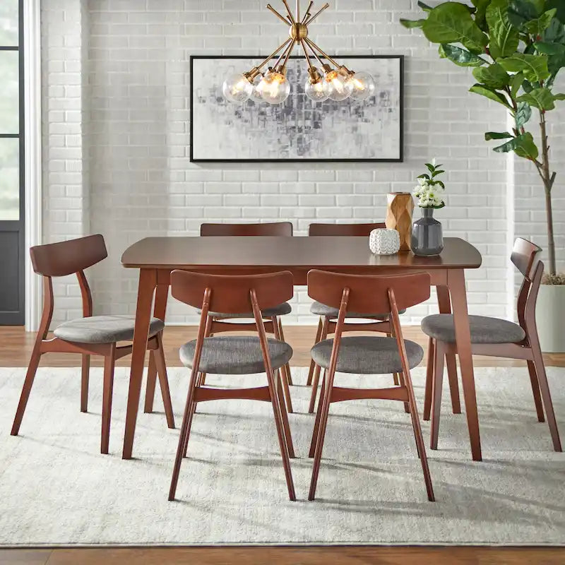 Mid Century Dining Table Set with 6 Upholstered Chairs and Wooden Frame
