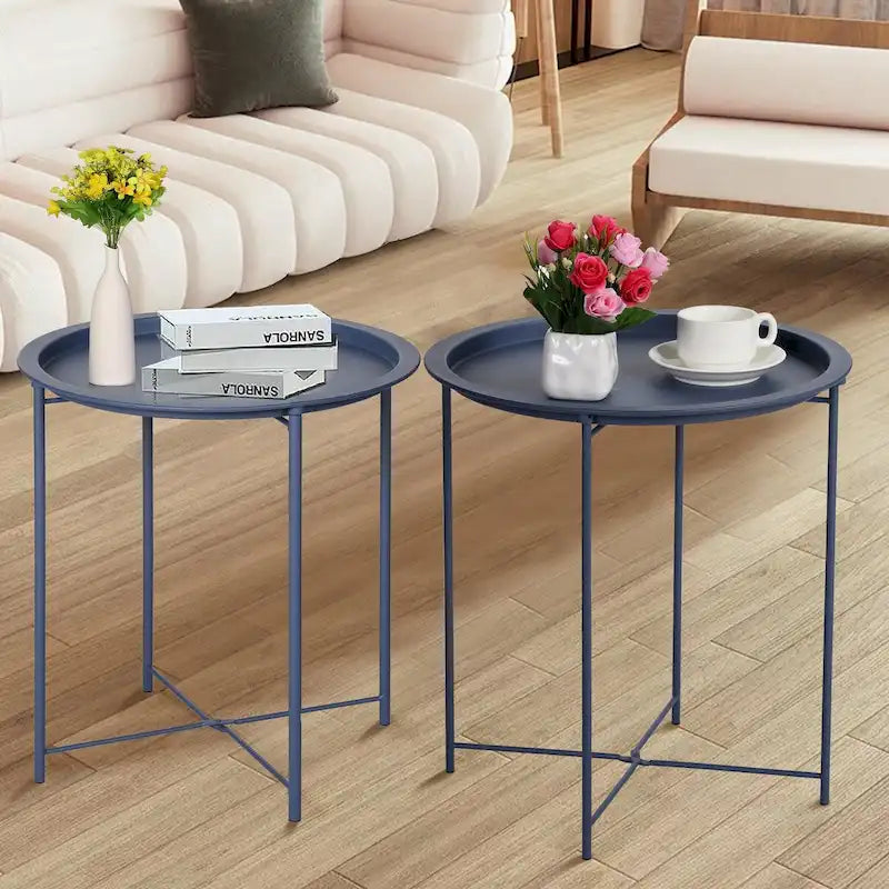 Javlergo Set of 2 Folding Round Steel TV Tray Tables - Compact Side Tables, No Assembly Needed - Dimensions: 18.5 x 18.5 x 19.7 in