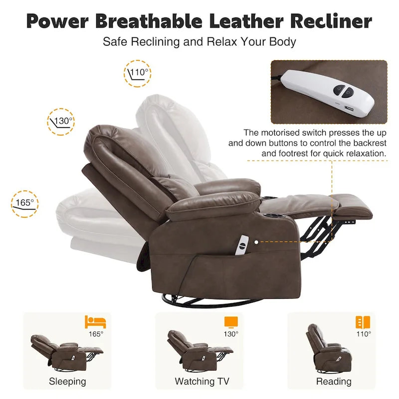HOMYKA 34.2-Inch Wide Faux Leather Swivel Rocking Power Recliner Chair with USB Charging Port