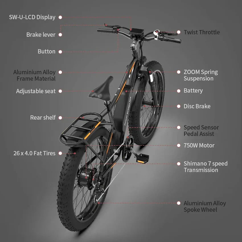 26 In.48V 13Ah 750W Mountain Electric Bikes for Adults Men, 26"x4.0 Fat Tire Electric Bicycle 7 speeds Gear Outdoor Ebikes, Black,S48
