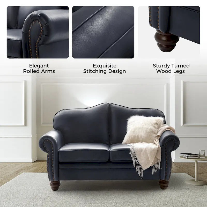 Leather Loveseat Sofa with Rolled Arms and Nailhead Trim